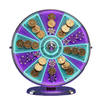 Leuchtendes Gl&uuml;cksrad aus Casino-Chips und M&uuml;nzen als dekoratives Element f&uuml;r den GambleZen Casino Bonus