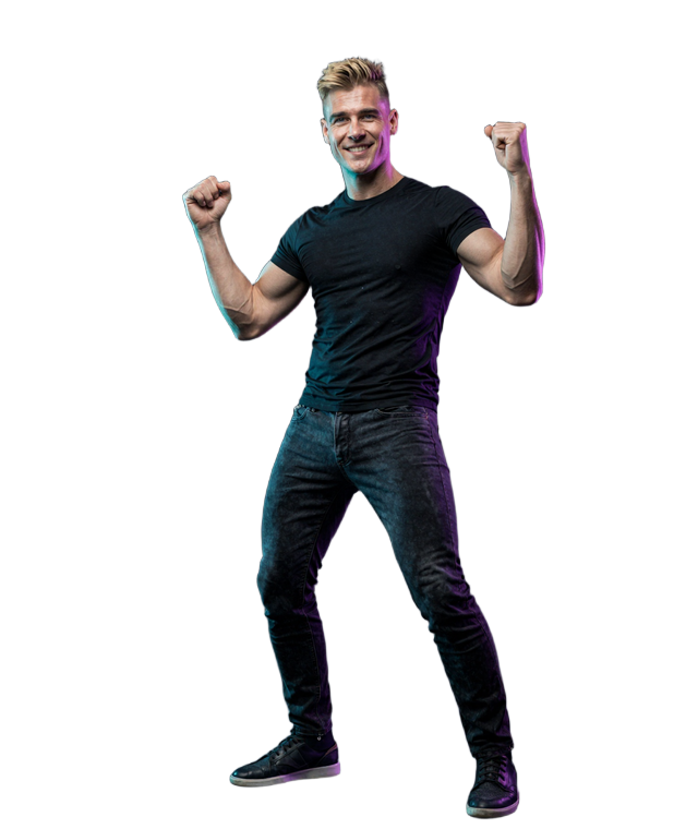 Selbstbewusstes Model in Siegerpose als Symbol f&uuml;r den gro&szlig;z&uuml;gigen Willkommensbonus bei GambleZen Casino